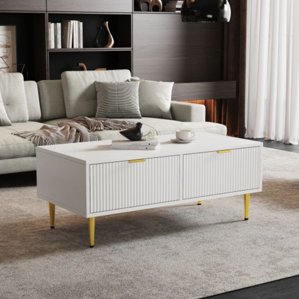 Modernt vitt soffbord med gyllene detaljer, 2 lådor, vertikal randdesign, 100*50*40cm, vardagsrums soffbord, kort skåp för soffa White