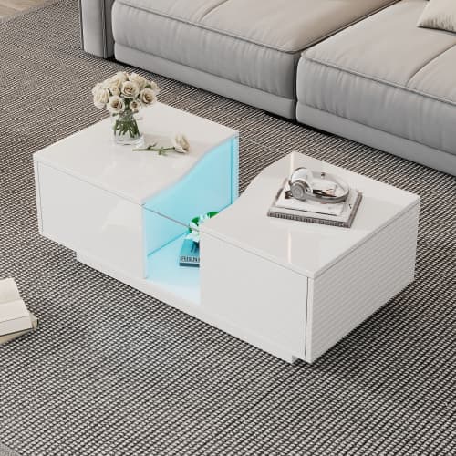 Modernt LED sidobord Högglans vit – 100cm soffbord med 2 lådor & akrylplatta | För vardagsrum och sovrum White