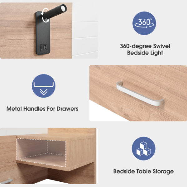 Dubbelsäng trä säng 140×200cm med 2 lådor, sänggavel läslampa med USB-laddningsfunktion, Modern säng inkl. 2 sängbord White