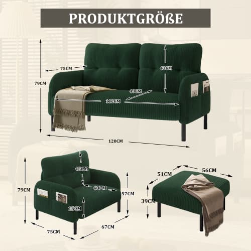 Sladd 3-set smaragdgrön - 2-sits soffa + fåtölj + pall med sidoficka - stålrör & extra mjuk klädsel - modulär med djupt säte Emerald