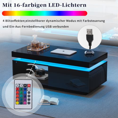 Högblank LED-soffa (100 cm) – Med låda & 50 kg kapacitet – Modernt sidobord Black
