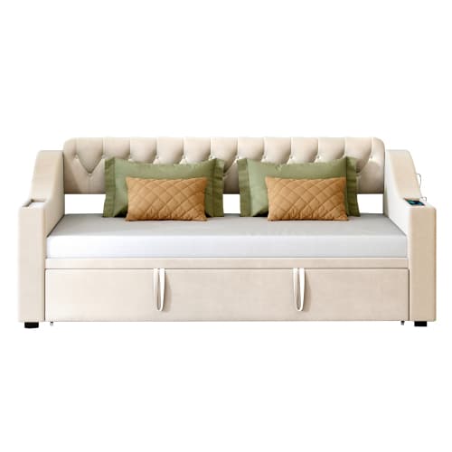Sovsoffa 90x190 cm med USB-laddningsanslutning | klädd säng med säng- och förvaringsväskor | sammet i beige | Tjock Beige