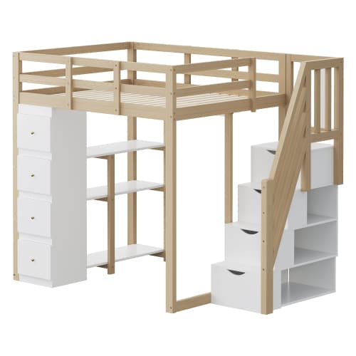 hög säng 140x200cm träfärg - massivt trä med byrå & säkerhetsstege (spår), multifunktionell Natural+White