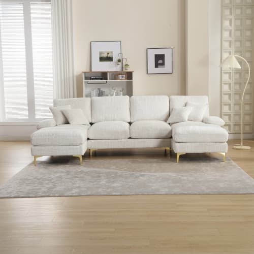 U-formad soffa med dubbla fällbara säten - chenilletyg, sektionssoffa för vardagsrum och kontor Beige