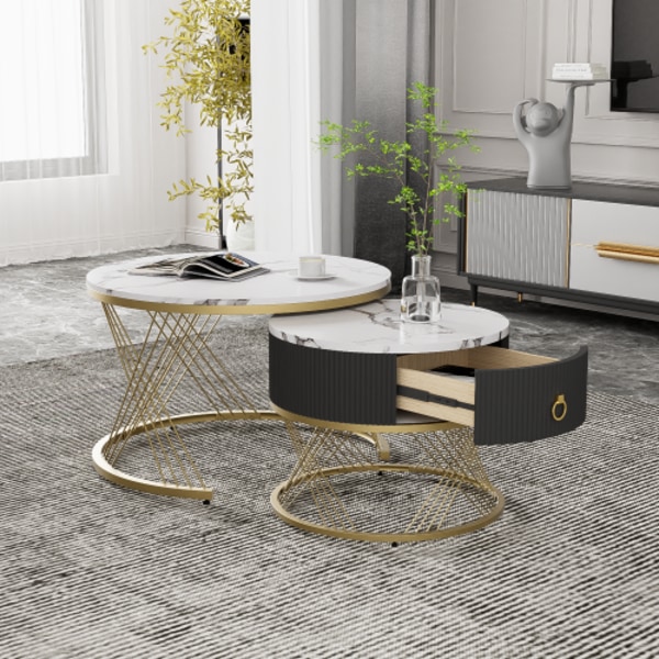 Elegant soffbord: marmoroptik, gulddekor, sidobord med lådor – set om 2 White