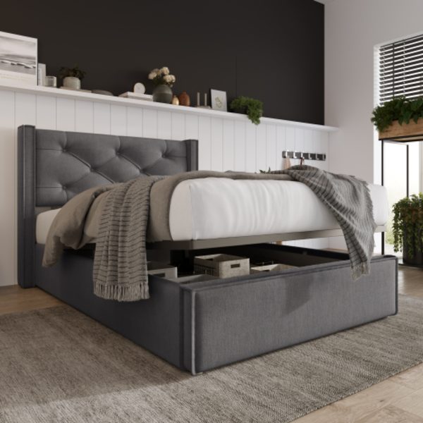 Hydraulisk enkelsäng klädd 90x200cm, säng med metallram, modern sängram med förvaring, bomull, grå Gray