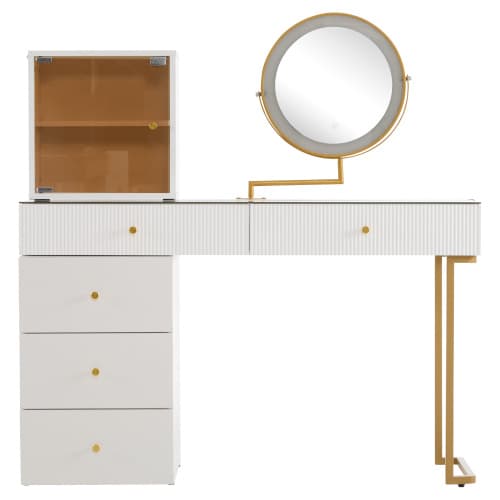 Elegant sminkbord med LED-belysning, härdat glas, inklusive skåp, modernt set, vit White