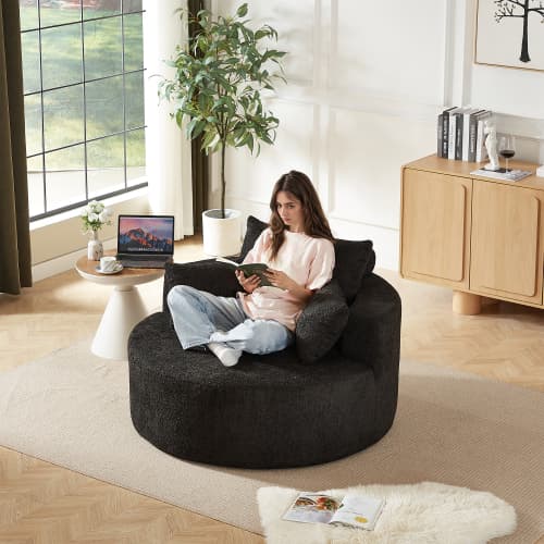 Fåtölj i chenille, ingen montering krävs, fluffig gungstol för vardagsrum & sovrum, modern & bekväm Black