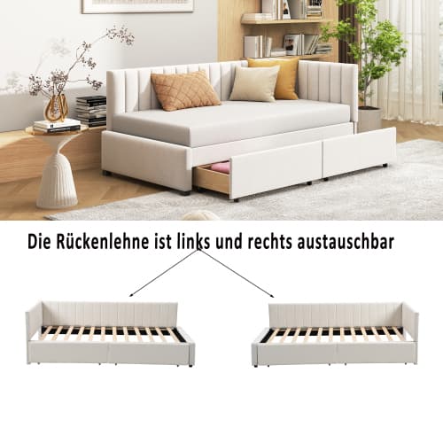 Soffa säng 90x200 cm - multifunktionell säng med 2 lådor & sängbord (sömmaterial) Beige