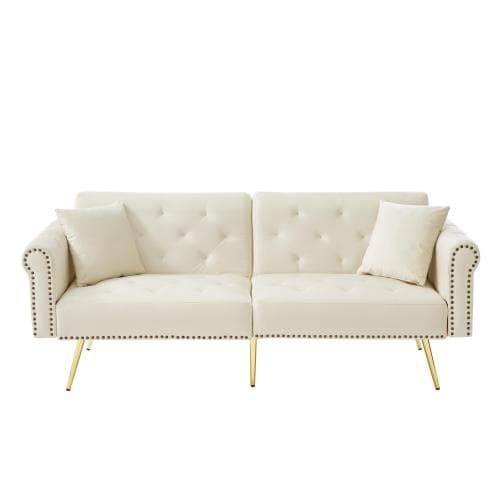 Modern 2-sits bäddsoffa med sammetsöverdrag – 3-vägs justerbart ryggstöd & gyllene metallfötter Beige