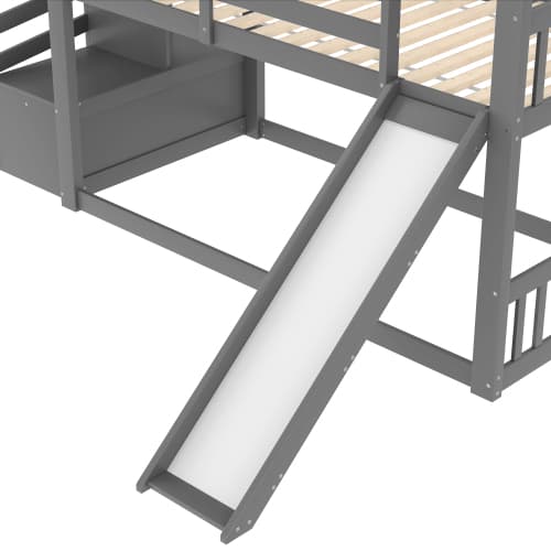 Køjeseng 90x200 cm grå med rutsjebane og opbevaringstrappe - husseng med sikkerhedsrækværk til børn Gray