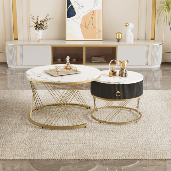 Elegant soffbord: marmoroptik, gulddekor, sidobord med lådor – set om 2 White