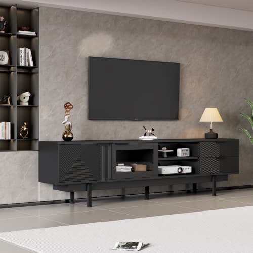【TV Lowboard 200x40cm Sort】Med 2 døre & 2 skuffer, opbevaringsplads til 80 tommer TV, bæreevne 45kg Black