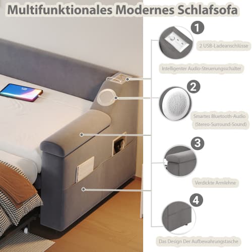 Smart bäddsoffa med klädsel 90/180×190 cm | Grå sammet | Med Bluetooth-ljud & USB Gray