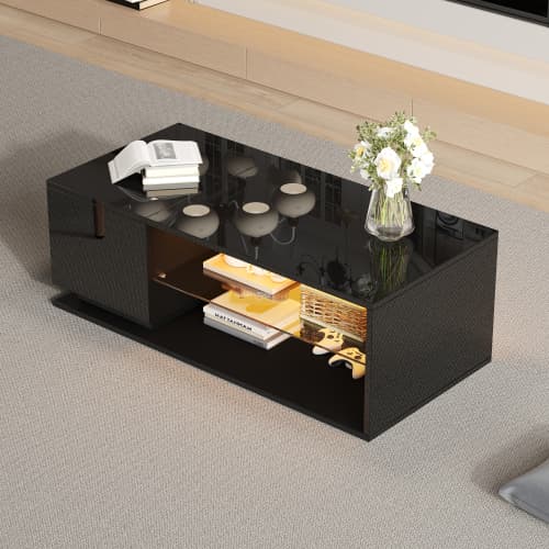 LED soffbord 105×50×36 cm - Högglansigt soffbord med LED-belysning & förvaring | Modernt vardagsrumsbord med ljusramp Black