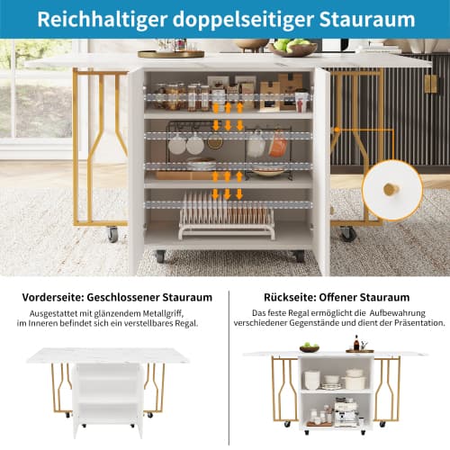 Bärbart hopfällbart bord med marmoroptik – multifunktionellt matbord med gyllene ben & hjul White