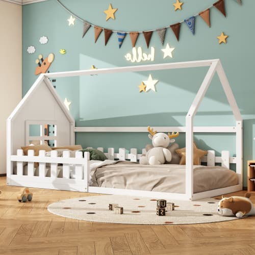 Vit platt säng 90x200cm - spjälsäng med spjäla - Enkel & säker design White