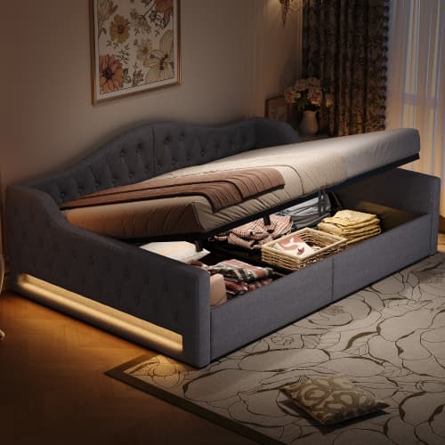 140x200cm grå vadderad dagbädd – med LED-belysning & förvaringsutrymme, modern bäddsoffa med komfortfunktioner Gray