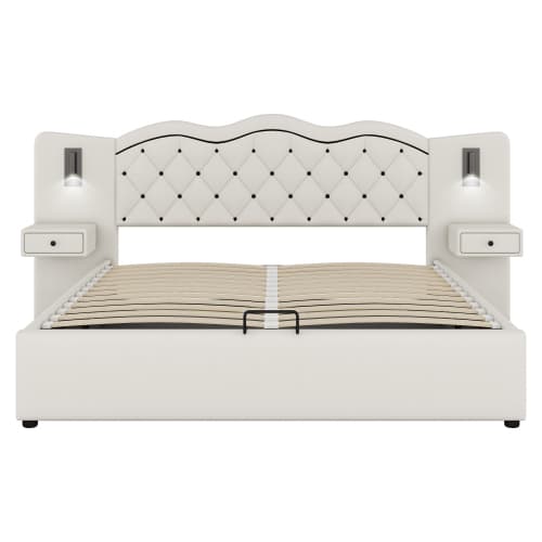 180x200cm Premium säng beige - Med hydraulisk säng & USB - vadderad sänggavel + 2 lampor Beige