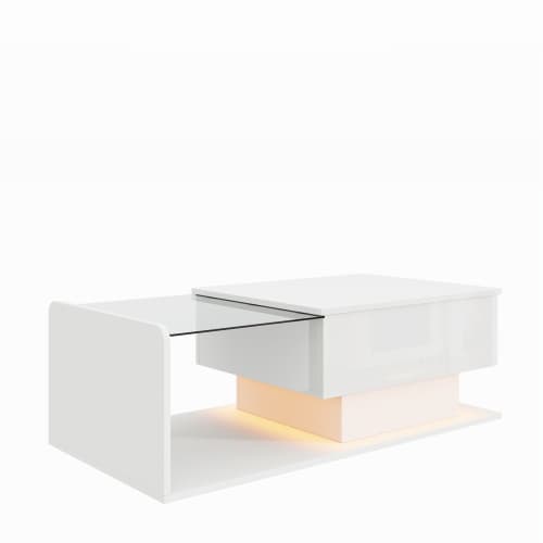 【Högblank vit soffa】Med LED-belysning & glasskiva, modernt sidobord med förvaringsutrymme White