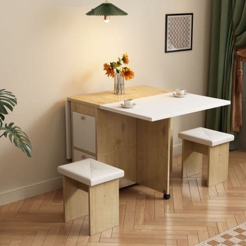 matgrupp, (med matbord, 4 stolar), hopfällbart matbord, 120*80*75cm, utdragbart matbord White+Oak