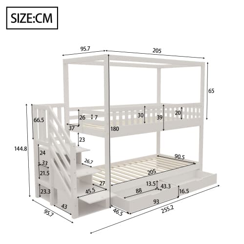Golvsäng 90×200 cm i husform | massivt trä | Vit | Med förvaringsfack & säkerhetsstege White