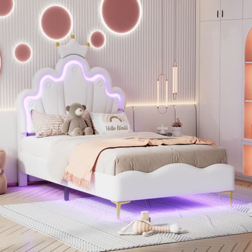 Vit prinsessäng 90x200 cm | Med LED-belysning & PU-läderklädsel White