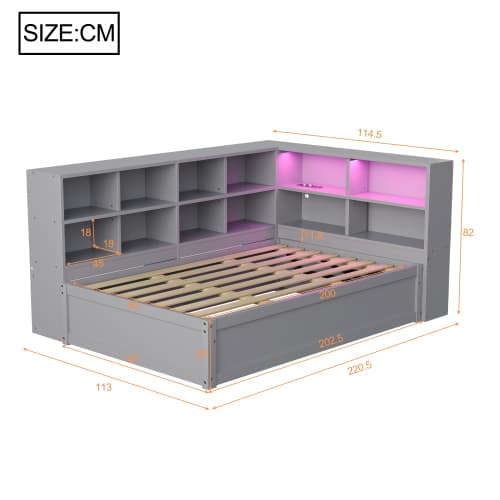 Sovesofa 90x200 cm med hydraulisk seng & multiple stik, massiv træseng med LED lysbjælke og opbevaringsområder, grå Gray