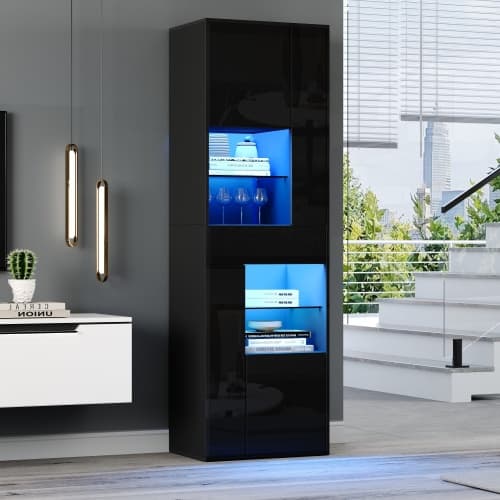 Vitrineskabe med LED-belysning, højt skab 170 cm med skuffe og glasvitrine, højglans, sort Black