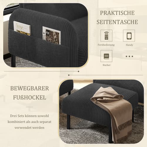 Cord 3-set grå - 2-sits soffa + fåtölj + pall - stålrörsram & extra mjuk klädsel - sittdjup - modulär för vardagsrum Gray