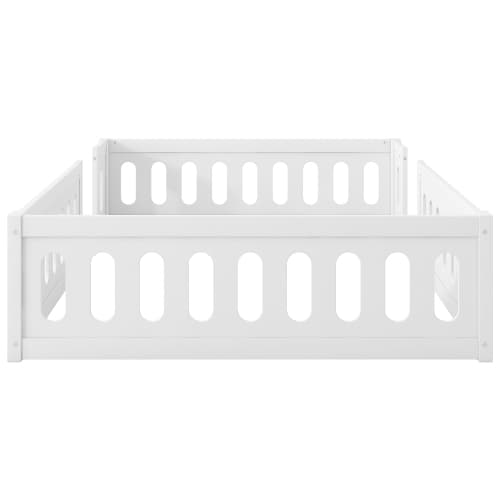 Platformsäng 140x200 med räcke, modern träsäng utan förvaring, massiv träsäng med sidoskydd, vit White