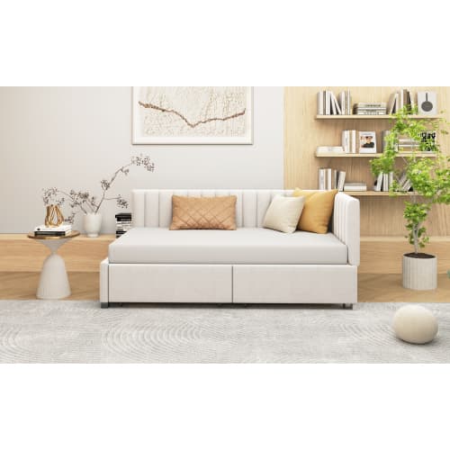 Soffa säng 90x200 cm - multifunktionell säng med 2 lådor & sängbord (sömmaterial) Beige