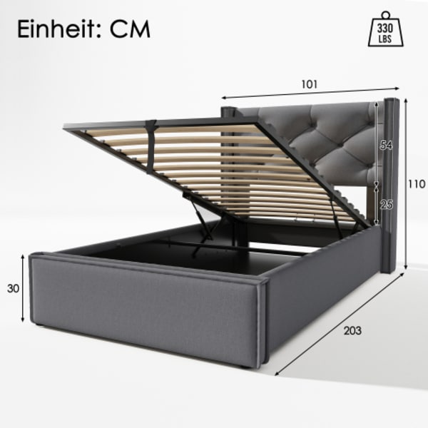 Hydraulisk enkelsäng klädd 90x200cm, säng med metallram, modern sängram med förvaring, bomull, grå Gray