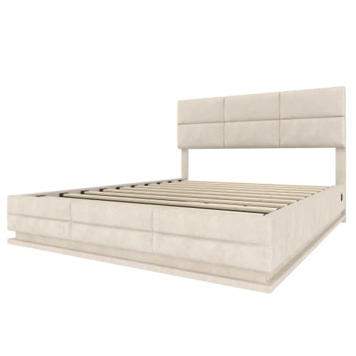 Moderne polstret seng 140x200cm med LED, USB/Type-C & hydraulisk løftesystem | Højdejusterbart hovedgærde Beige