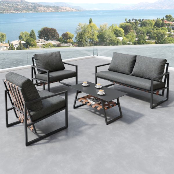 Trädgårdsmöbler Sittgrupp Trädgårdsset, Gardenlounge för 4 personer, med Soffa, Soffbord & Kuddar Black