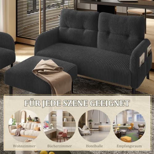 Cord 3-set grå - 2-sits soffa + fåtölj + pall - stålrörsram & extra mjuk klädsel - sittdjup - modulär för vardagsrum Gray