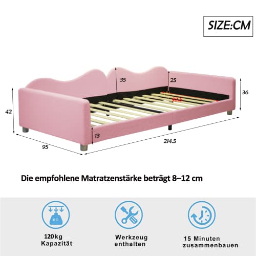 Rosa Teddy säng 90x200 cm - multifunktionell bäddsoffa med armstöd Pink