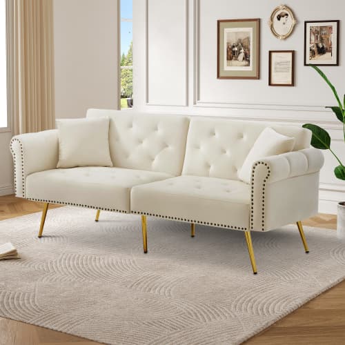 Modern 2-sits bäddsoffa med sammetsöverdrag – 3-vägs justerbart ryggstöd & gyllene metallfötter Beige