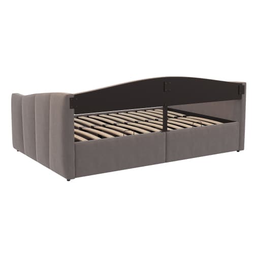 Soffa med bäddfunktion 140x200 cm med hydraulisk förvaring, ribbor & sammetsöverdrag – grårandig optik, platsbesparande & mysig! Grey