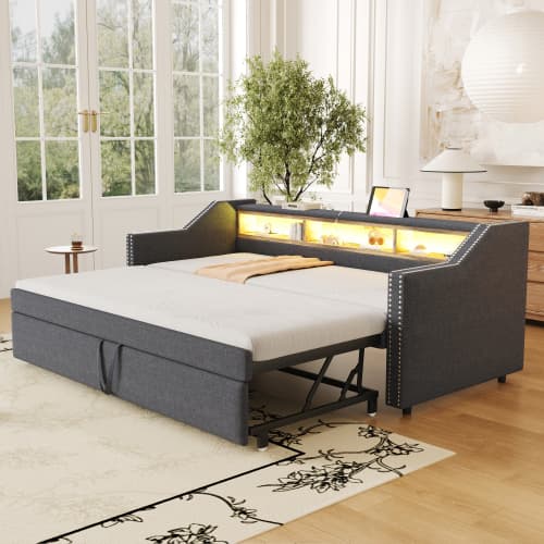 Soffa med bäddfunktion 90/180x190 cm mörkgrå - utdragbar säng med LED, USB & förvaringsfack (multifunktionell soffa, inkl. ribbotten) DARK GREY
