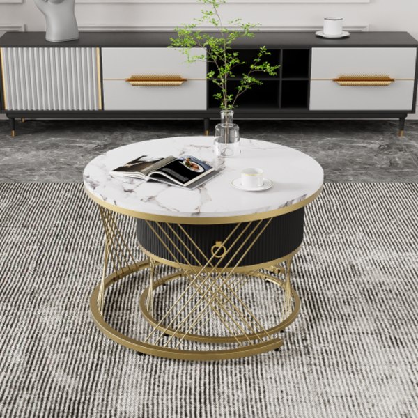 Elegant soffbord: marmoroptik, gulddekor, sidobord med lådor – set om 2 White