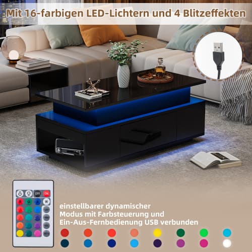 LED soffbord höj- och sänkbart 96x45x40cm med förvaring & låda, högblank – För vardagsrum, kontor & fest, svart Black