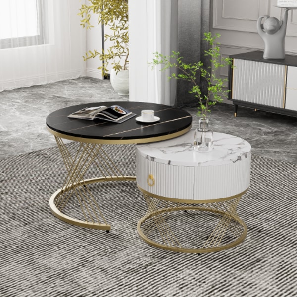 Elegant soffbord: marmoroptik, gulddekor, sidobord med lådor – set om 2 Black