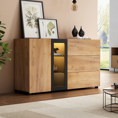 Modern skänk 140 cm med 3 lådor & glasfront – elegant buffé/förvaringsskåp för vardagsrum & matsal Grey