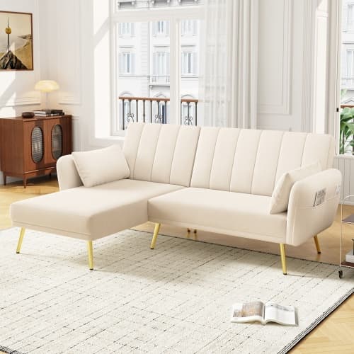 Modern L-formad fällbar soffa, hörnsoffa med sovfunktion & extra hörn, för vardagsrum, gästrum och hemmabio Beige