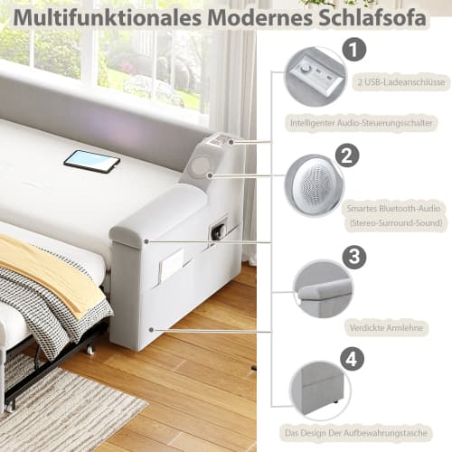 Smart bäddsoffa med klädsel 90/180×190 cm | Ljusgrå sammet | Med Bluetooth-ljud & USB light gray