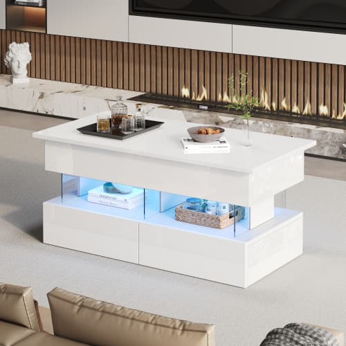 Højdejusterbart sofabord med LED-belysning, løfteplade og 2 skuffer, 120x50cm højglans, glas/MDF, hvid White