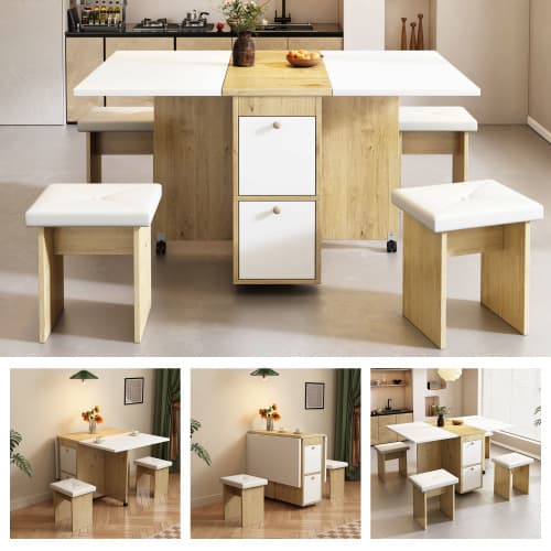 matgrupp, (med matbord, 4 stolar), hopfällbart matbord, 120*80*75cm, utdragbart matbord White+Oak