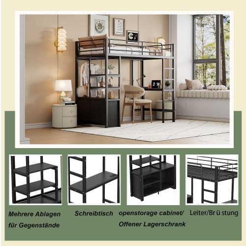 Svart våningssäng 90x200 cm med skrivbord & förvaring | Modern järnram Black