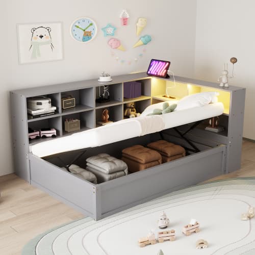 Sovesofa 90x200 cm med hydraulisk seng & multiple stik, massiv træseng med LED lysbjælke og opbevaringsområder, grå Gray